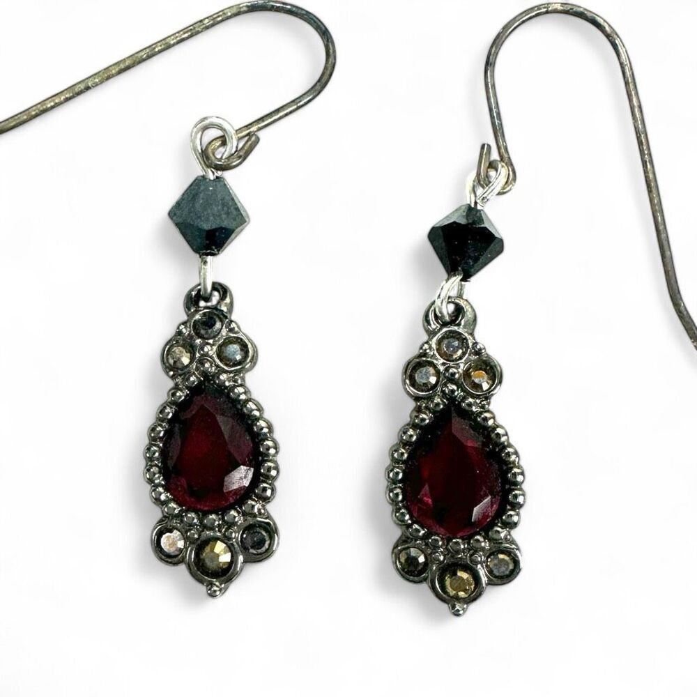 Garnet Filigree Silver Tone Dangle‎ Hook Earrings Regal Dark Victorian Gothic